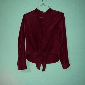Tie-Front Long-Sleeve Blouse in Deep Wine